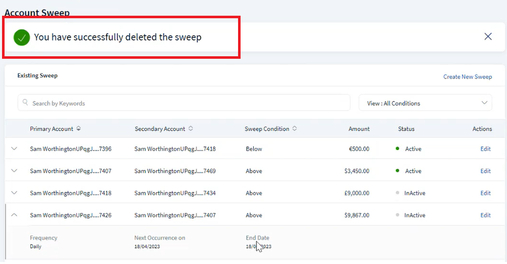 Account Sweep Cancellation